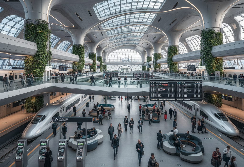 Modern railway station with multi-platform interchange, passenger flow infrastructure, and retail concourse